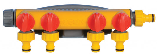 Yellow and red sprinkler head on a white background