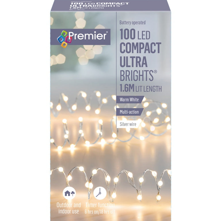 Box of Premier 100 LED Compact Ultra Brights string lights with a blurred background