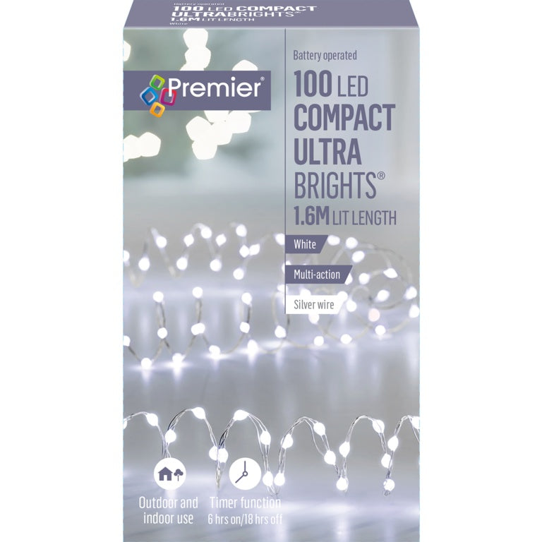 Box of Premier LED compact ultra brights with white lights on a white background