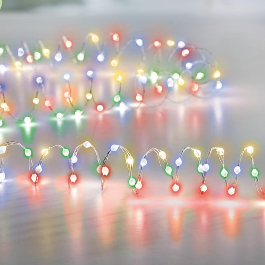 String lights with multicolor bulbs on a neutral background