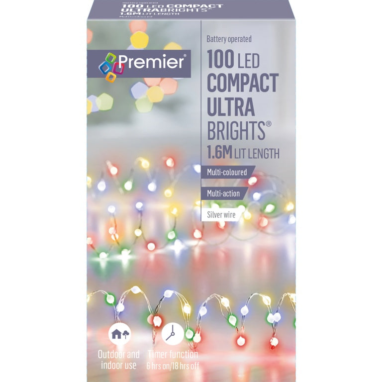 Box of Premier 100 LED Compact Ultra Brights string lights with colorful lights on a white background.