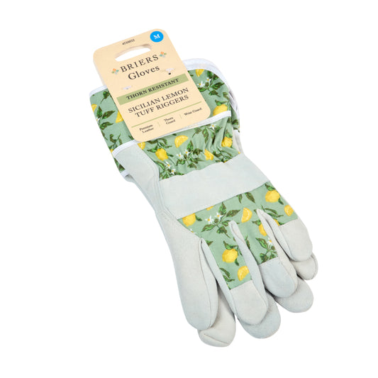 Pair of gardening gloves with lemon pattern on a white background
