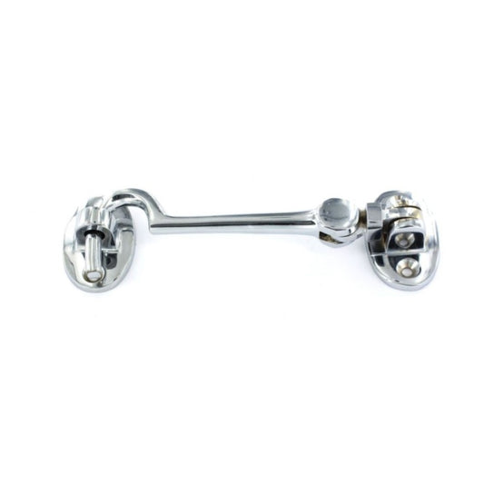 Chrome metal door handle on a white background
