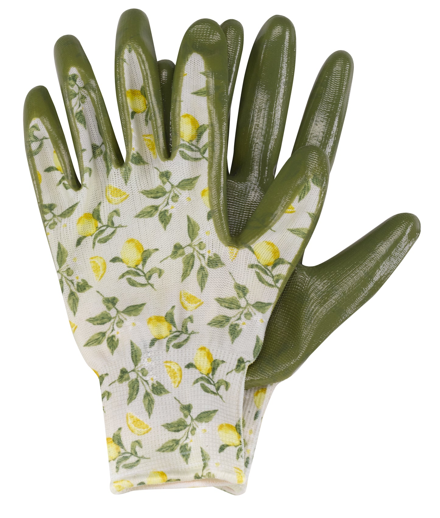 Pair of gardening gloves with floral pattern on a white background