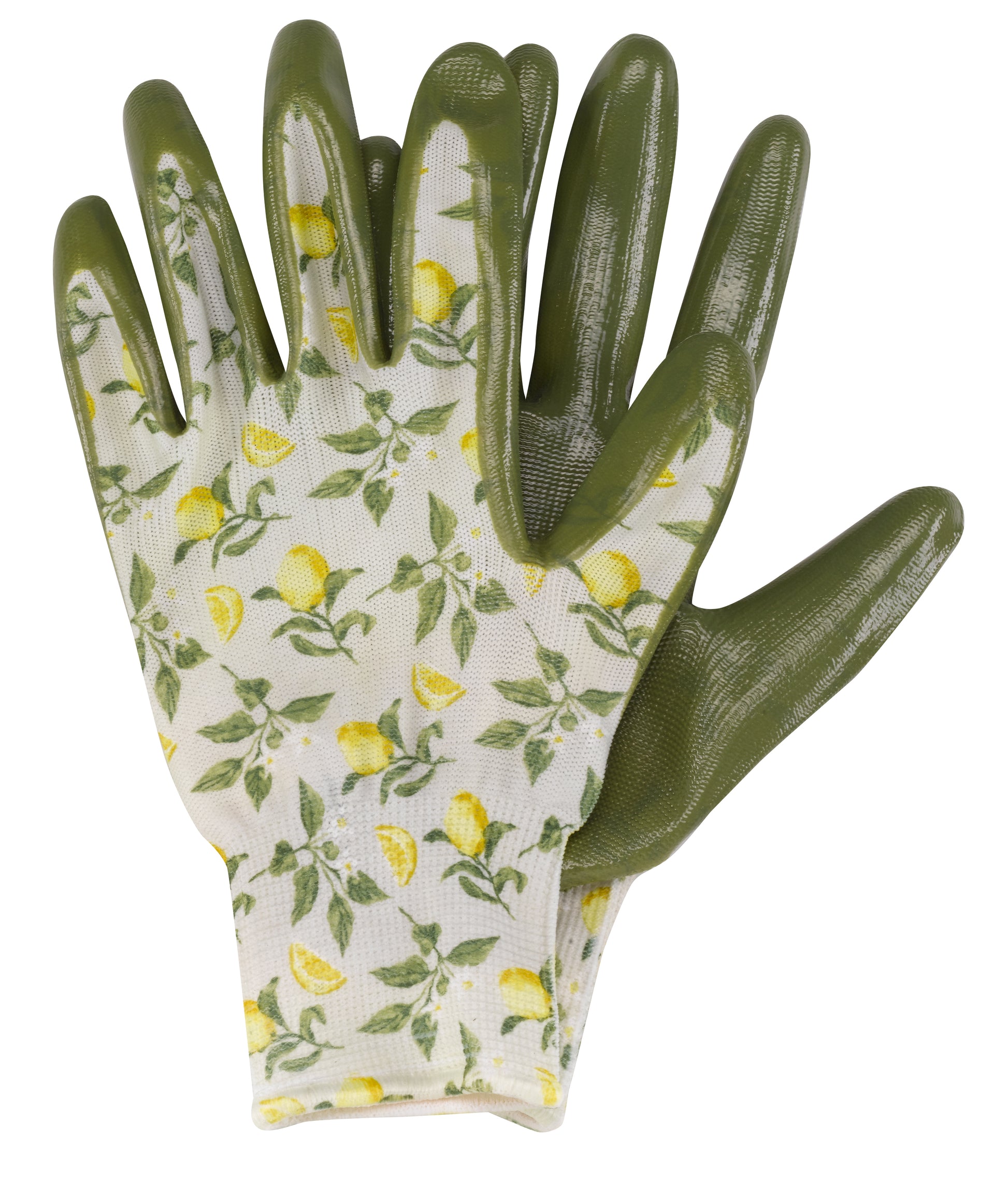 Pair of gardening gloves with floral pattern on a white background