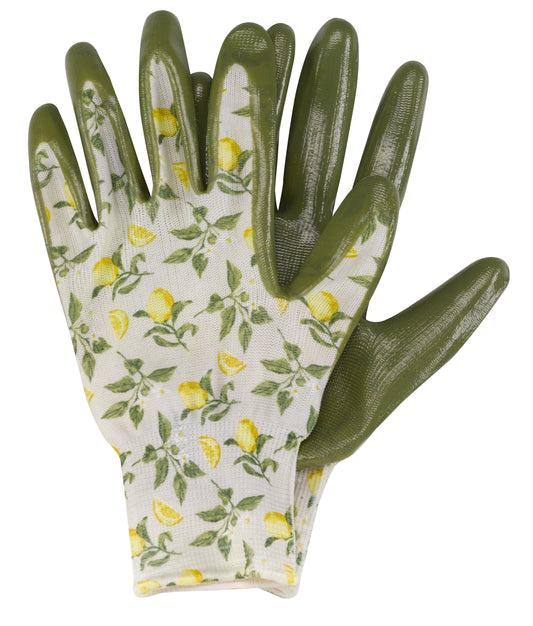 Pair of gardening gloves with floral pattern on a white background