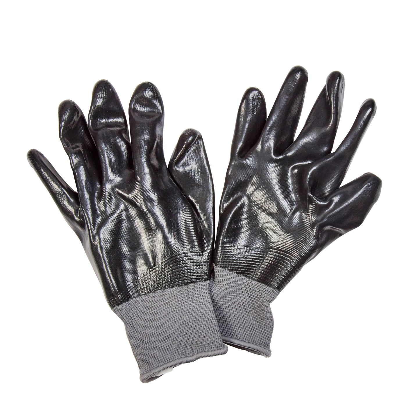 Pair of black gloves with gray cuffs on a white background
