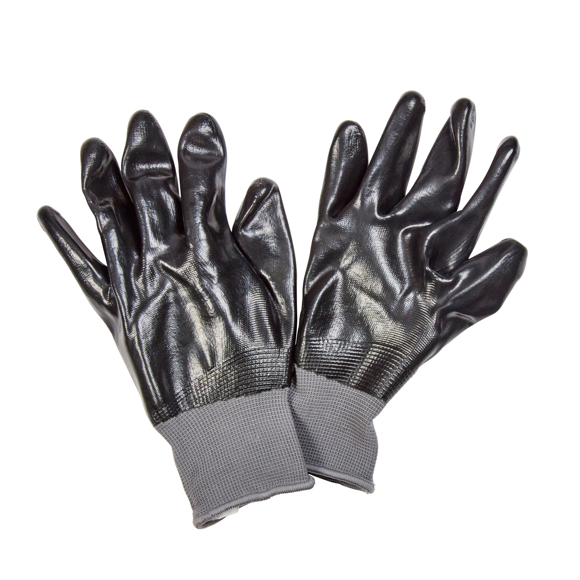 Pair of black gloves with gray cuffs on a white background