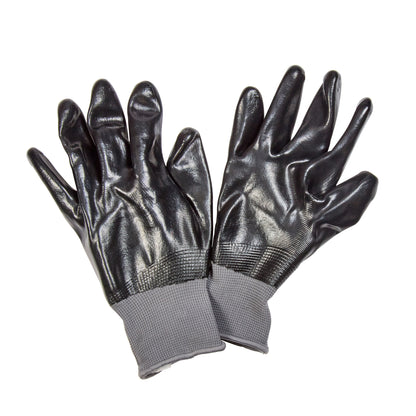 Pair of black gloves with gray cuffs on a white background