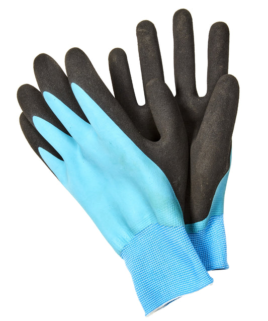 Pair of gloves with blue palm and black fingers on a white background