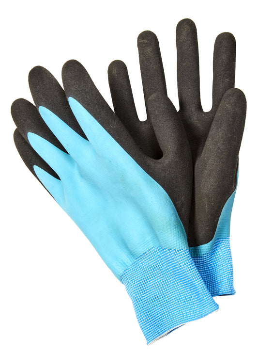 Pair of gloves with blue palm and black fingers on a white background