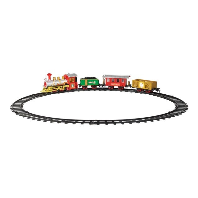 Toy train set with colorful cars on a circular track on a white background