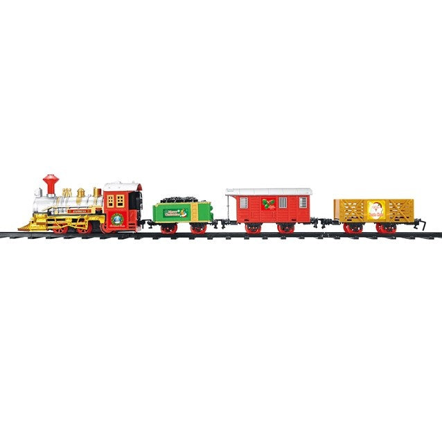 Model train set with colorful cars on a white background