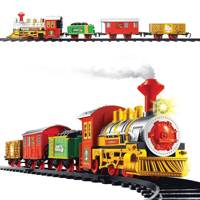 Colorful toy train set on tracks with a white background