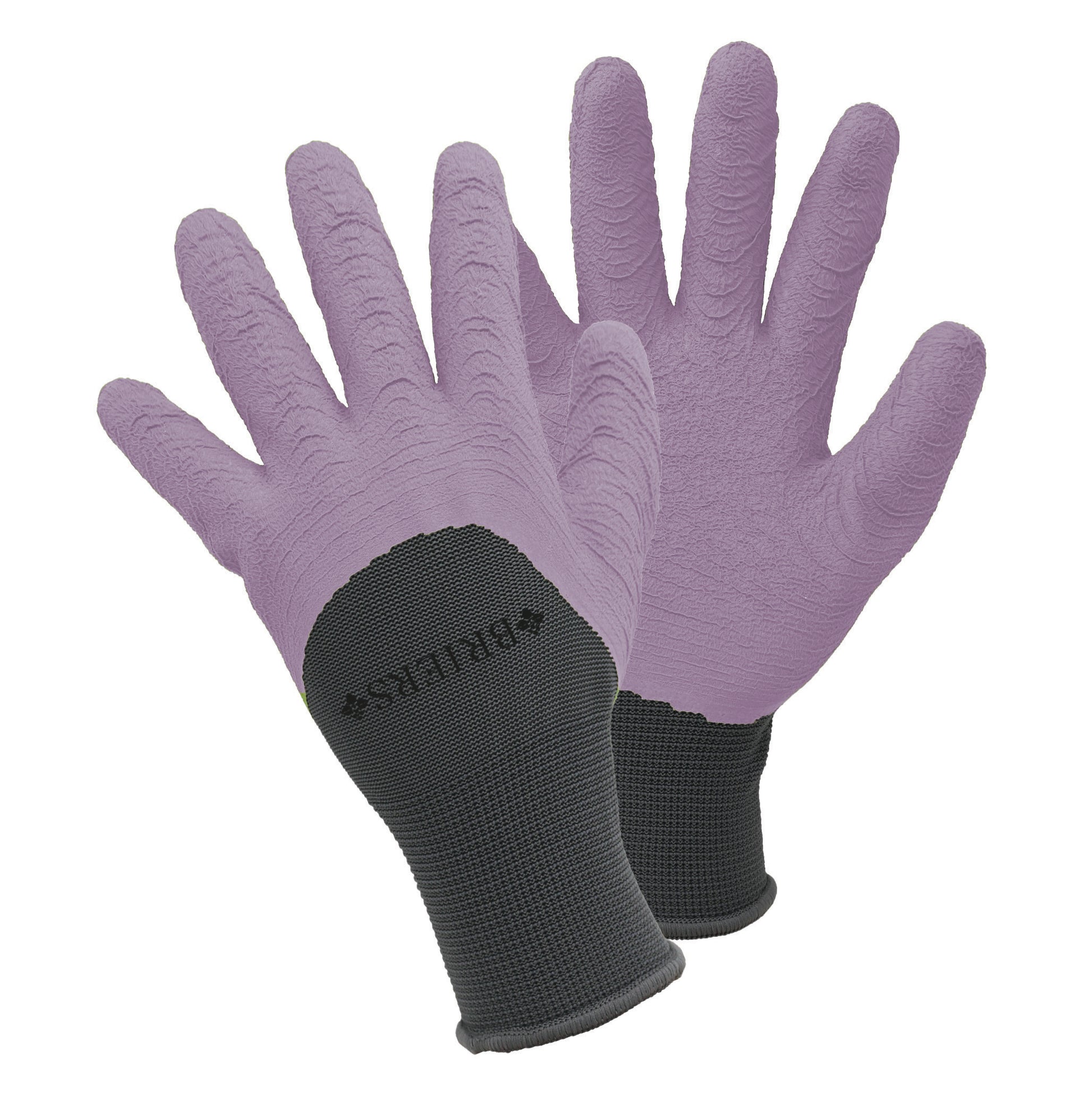 Pair of purple gardening gloves with black cuffs on a white background