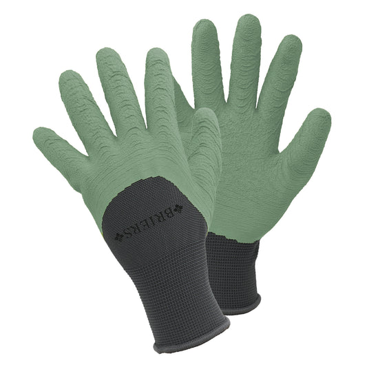 Pair of green gardening gloves with black cuffs on a white background