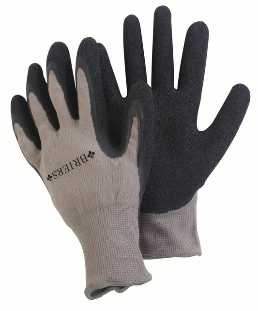 Pair of gloves with black and gray color scheme on a white background