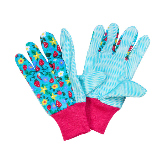 Pair of children's gardening gloves with floral pattern on one and textured surface on the other, on a white background.