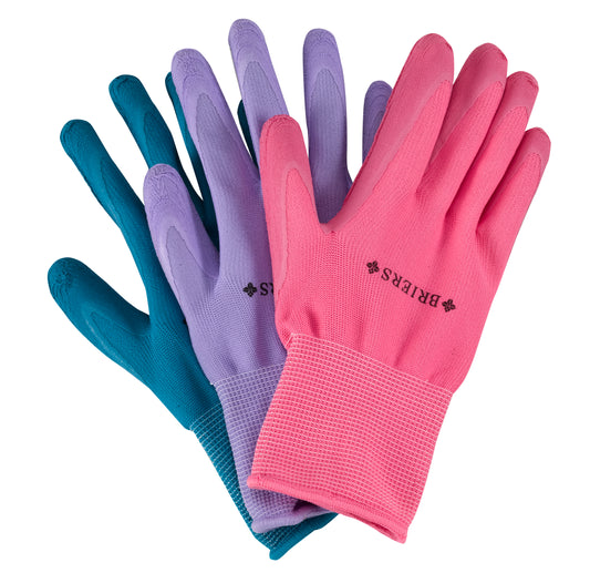 Set of three gloves in blue, purple, and pink with 'Briers' branding on a white background.