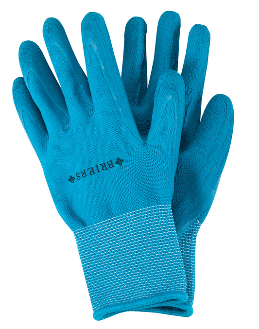 Pair of blue gloves with a brand logo on a white background
