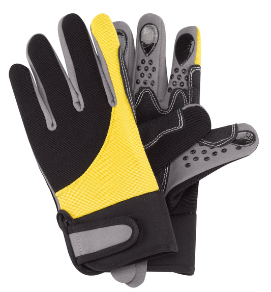 Pair of gloves with black, yellow, and gray color scheme on a white background