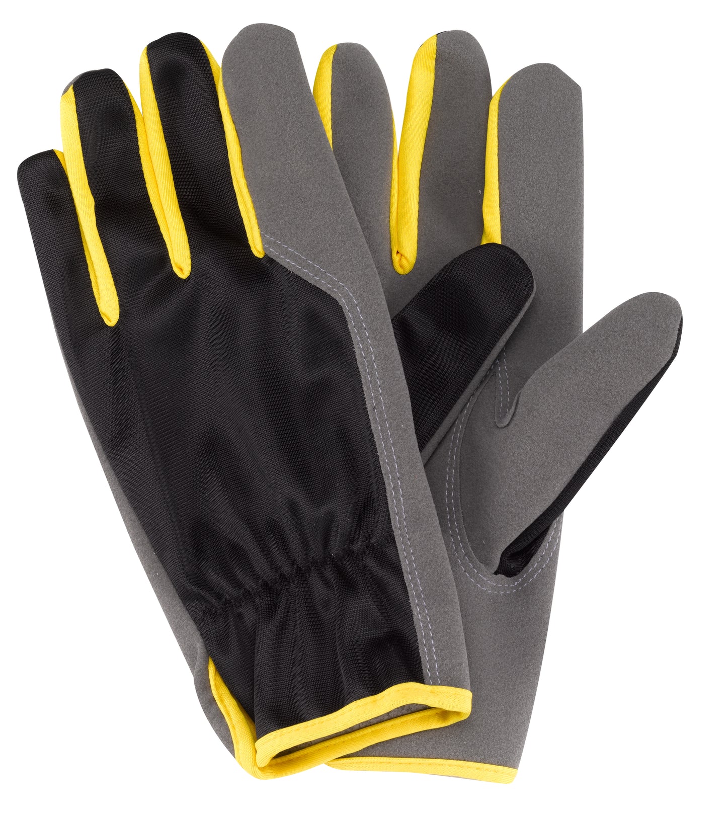 Pair of gray and black gloves with yellow accents on a white background