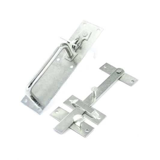 Metal door handle and latch set on a white background