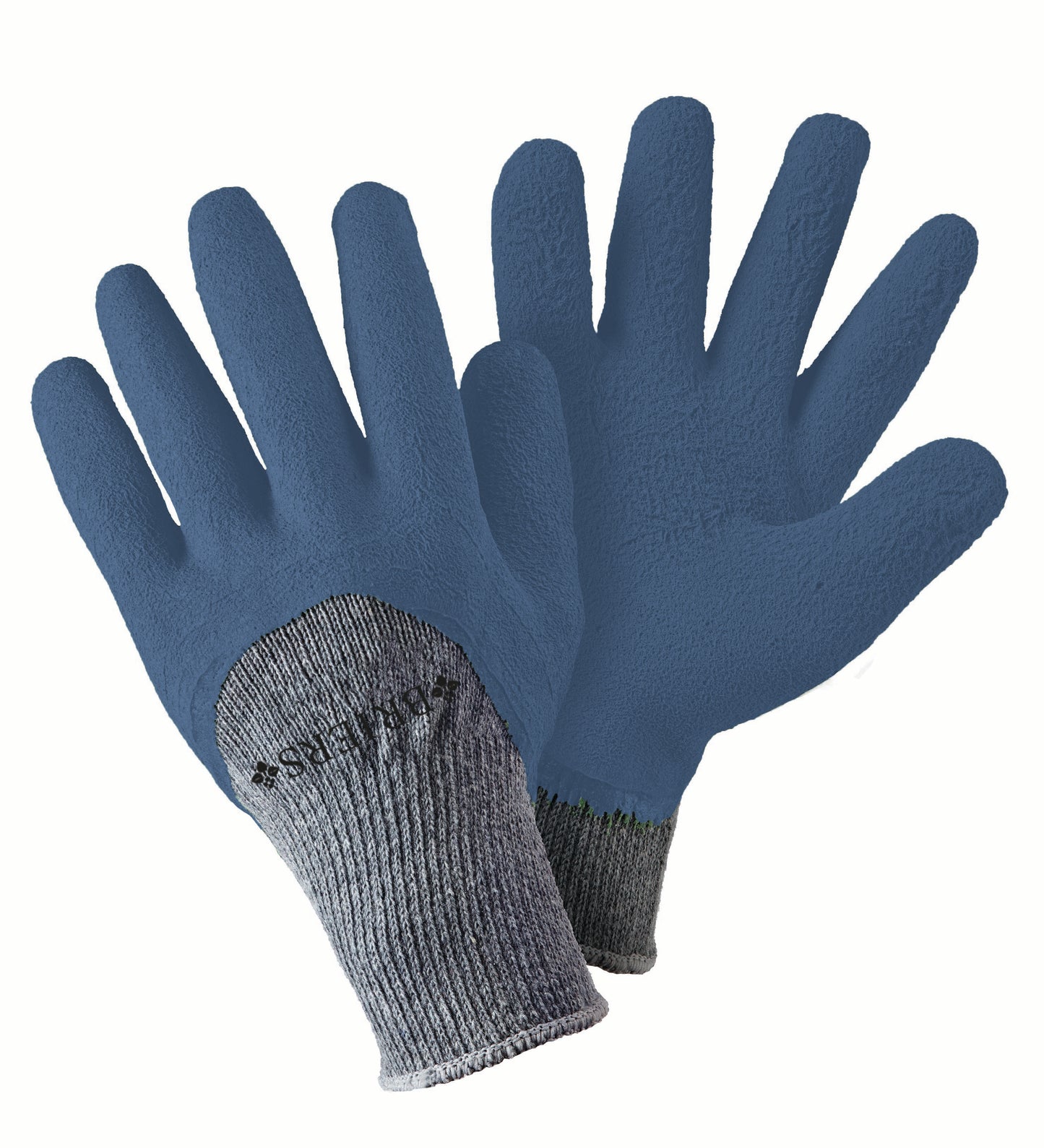 Pair of blue gloves with gray accents on a white background