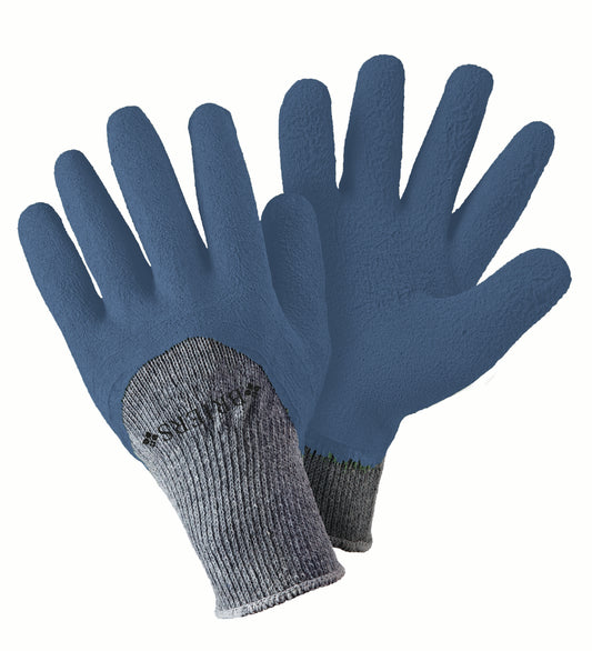 Pair of blue gloves with gray accents on a white background