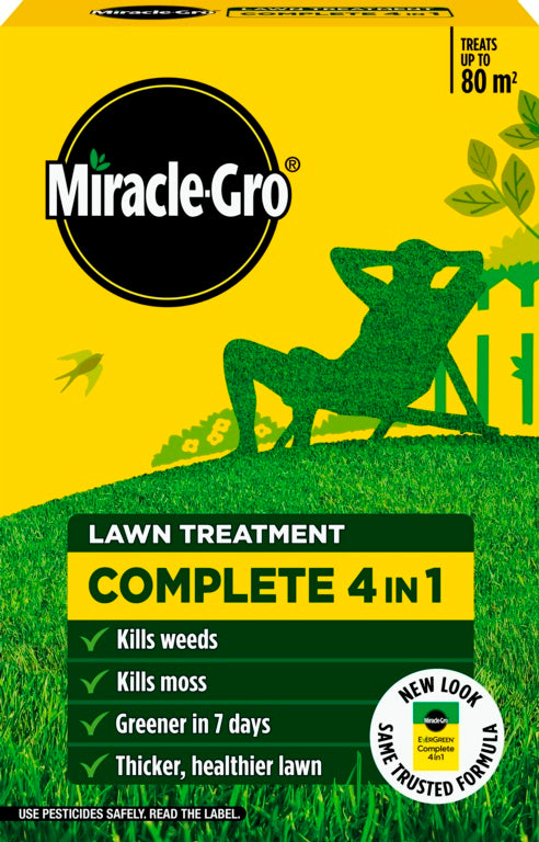 Miracle-Gro lawn treatment packaging with a yellow background and green silhouette of a person on grass.