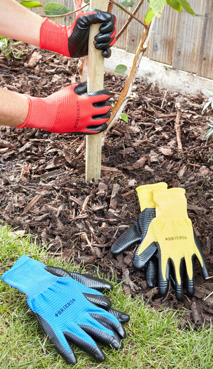 Gardening gloves in various colors on a garden bed with a tree being planted.