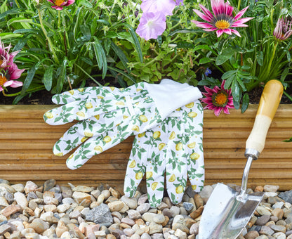 Gardening gloves with floral pattern on a garden bed with flowers and a trowel.