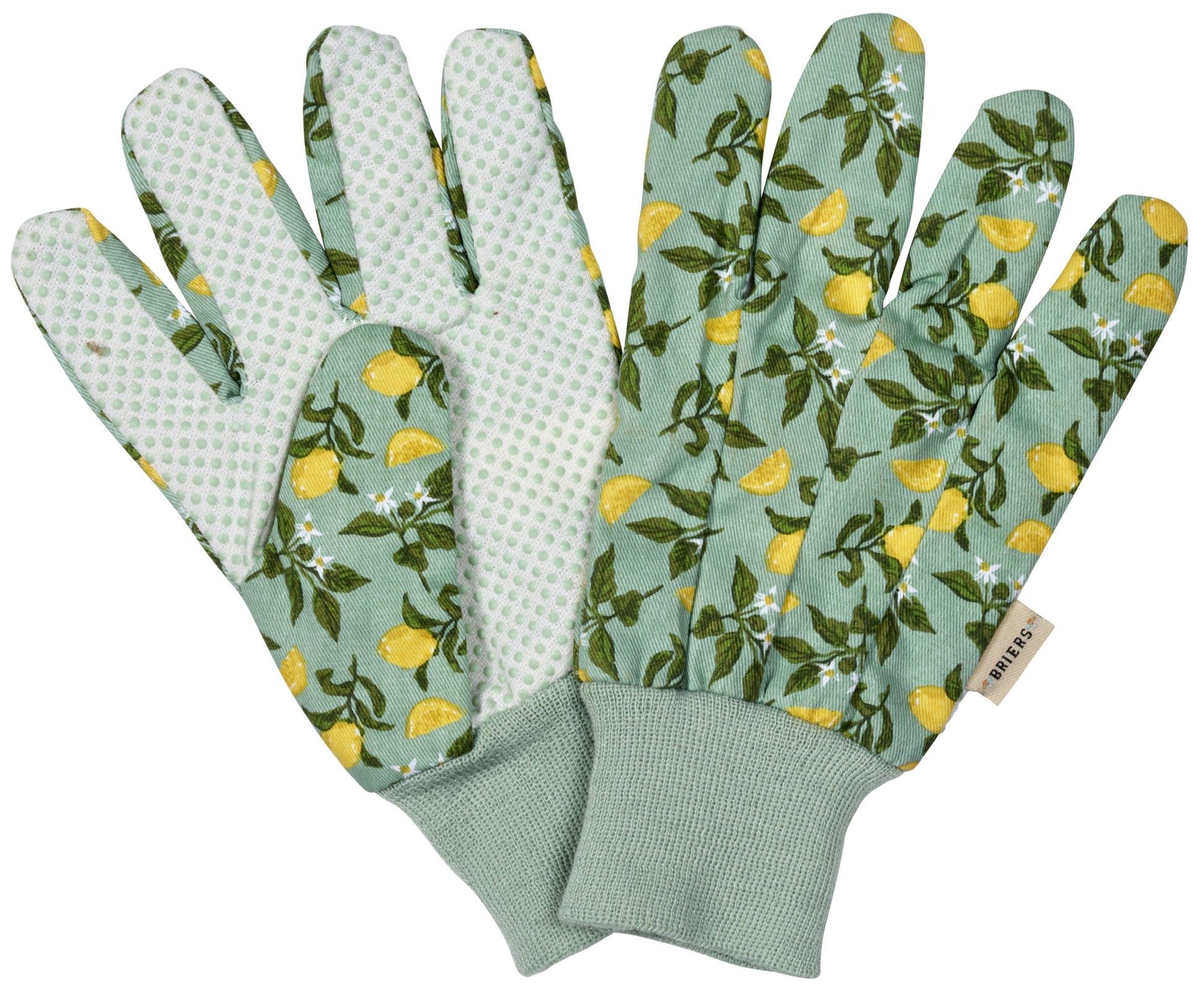 Pair of gardening gloves with lemon and leaf pattern on a light blue background