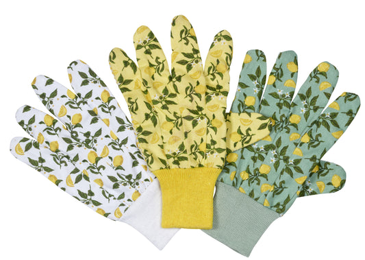 Three pairs of gardening gloves with lemon and leaf patterns on a white background
