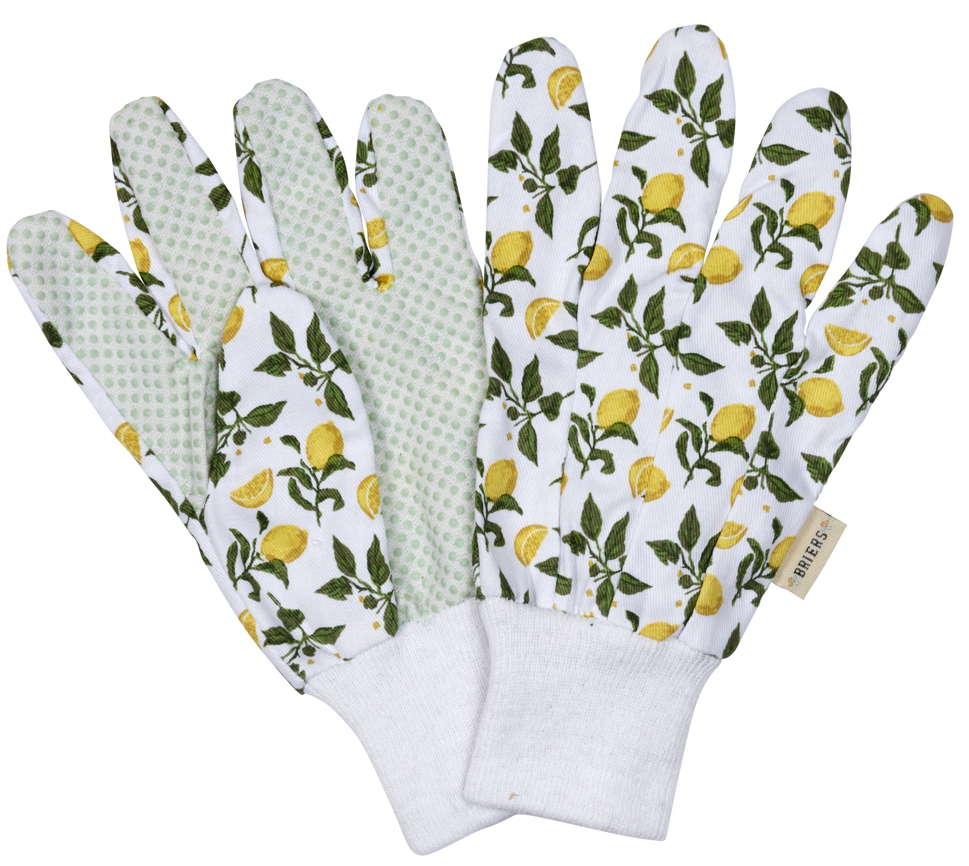 Pair of gardening gloves with lemon and leaf pattern on a white background