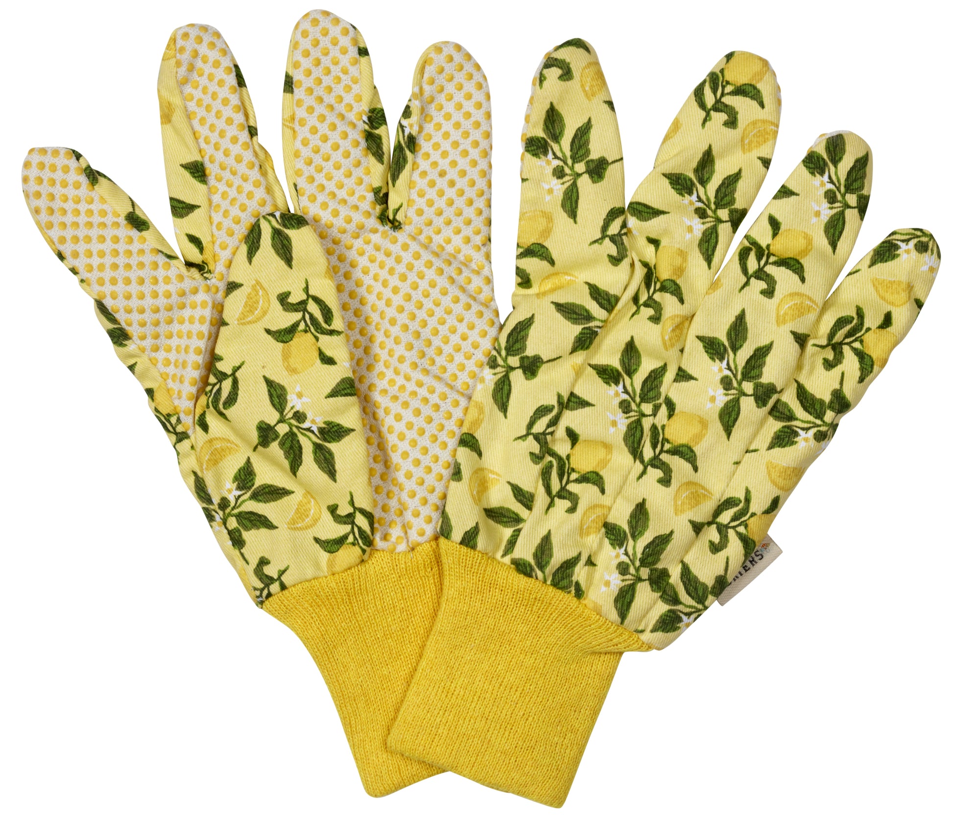 Pair of gardening gloves with lemon and leaf pattern on a white background