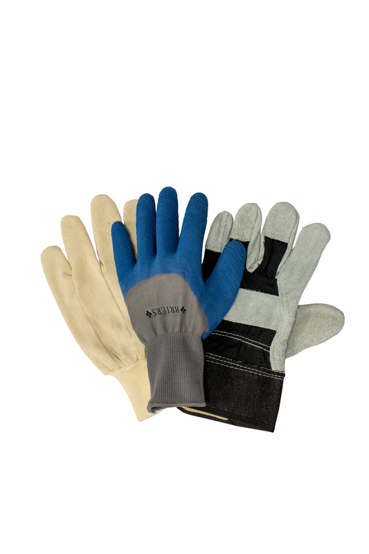 Three pairs of gloves in beige, blue, and black on a white background