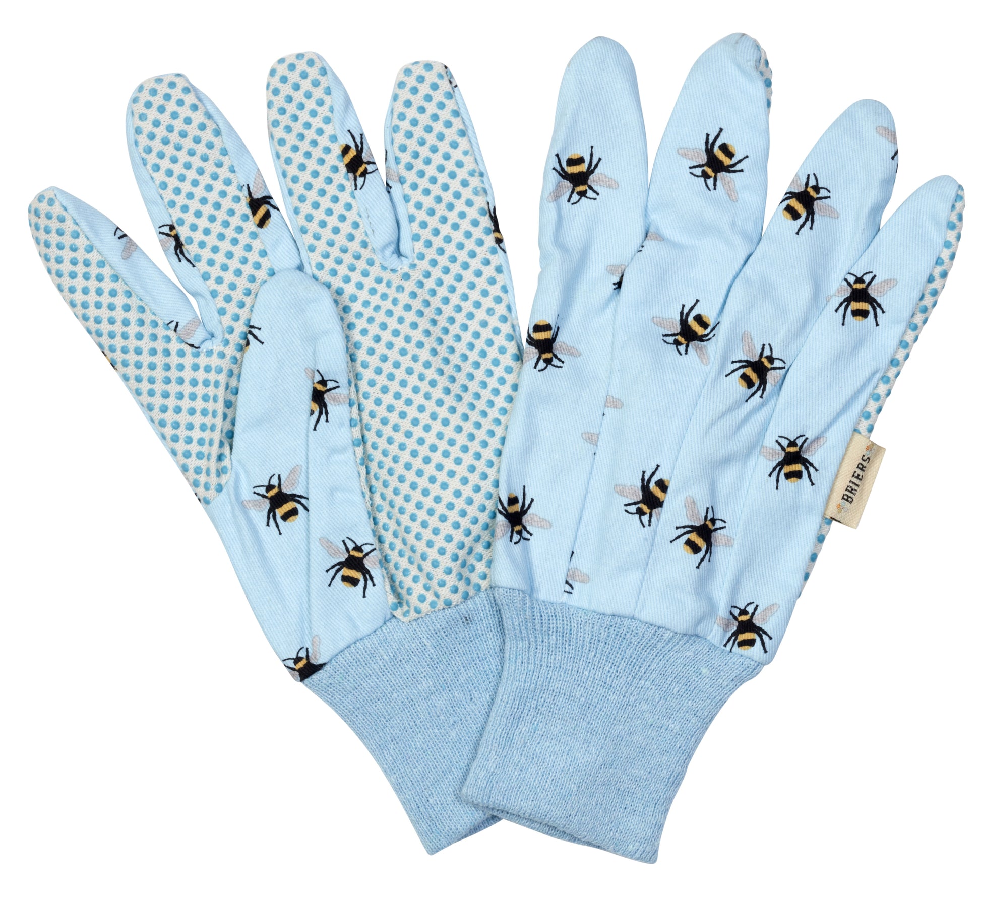 Pair of light blue gardening gloves with bee pattern on a white background