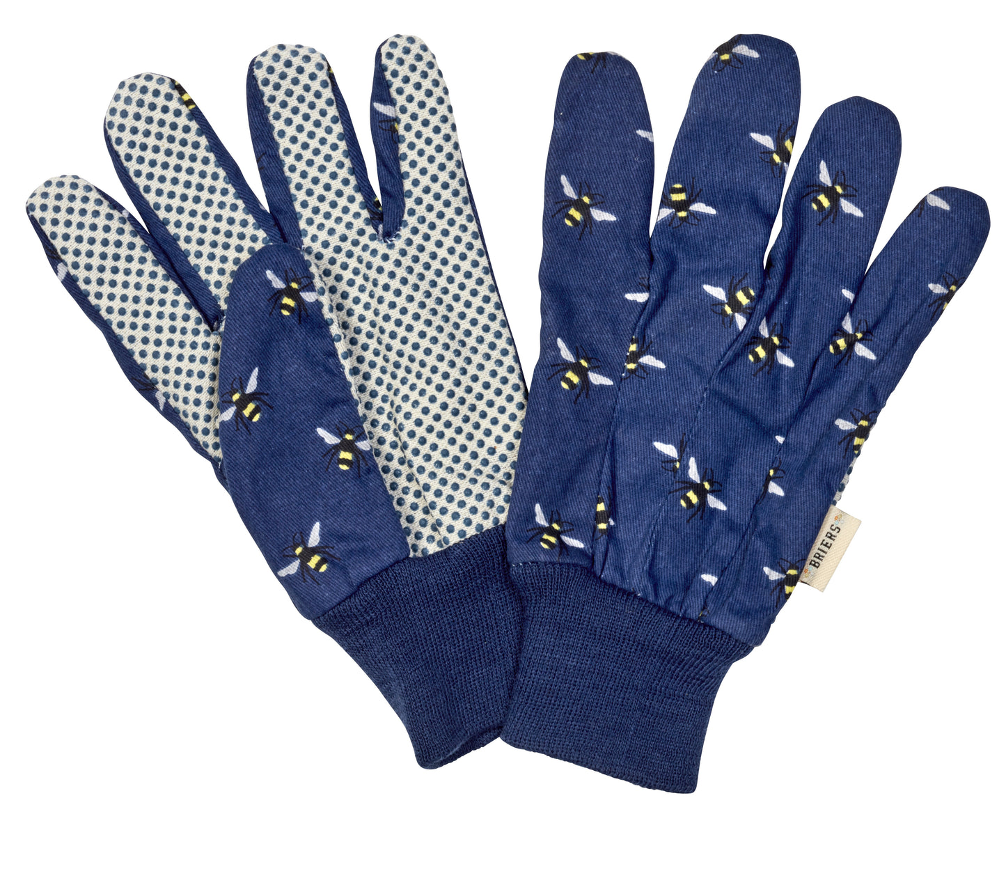 Pair of blue gardening gloves with bee pattern on a white background