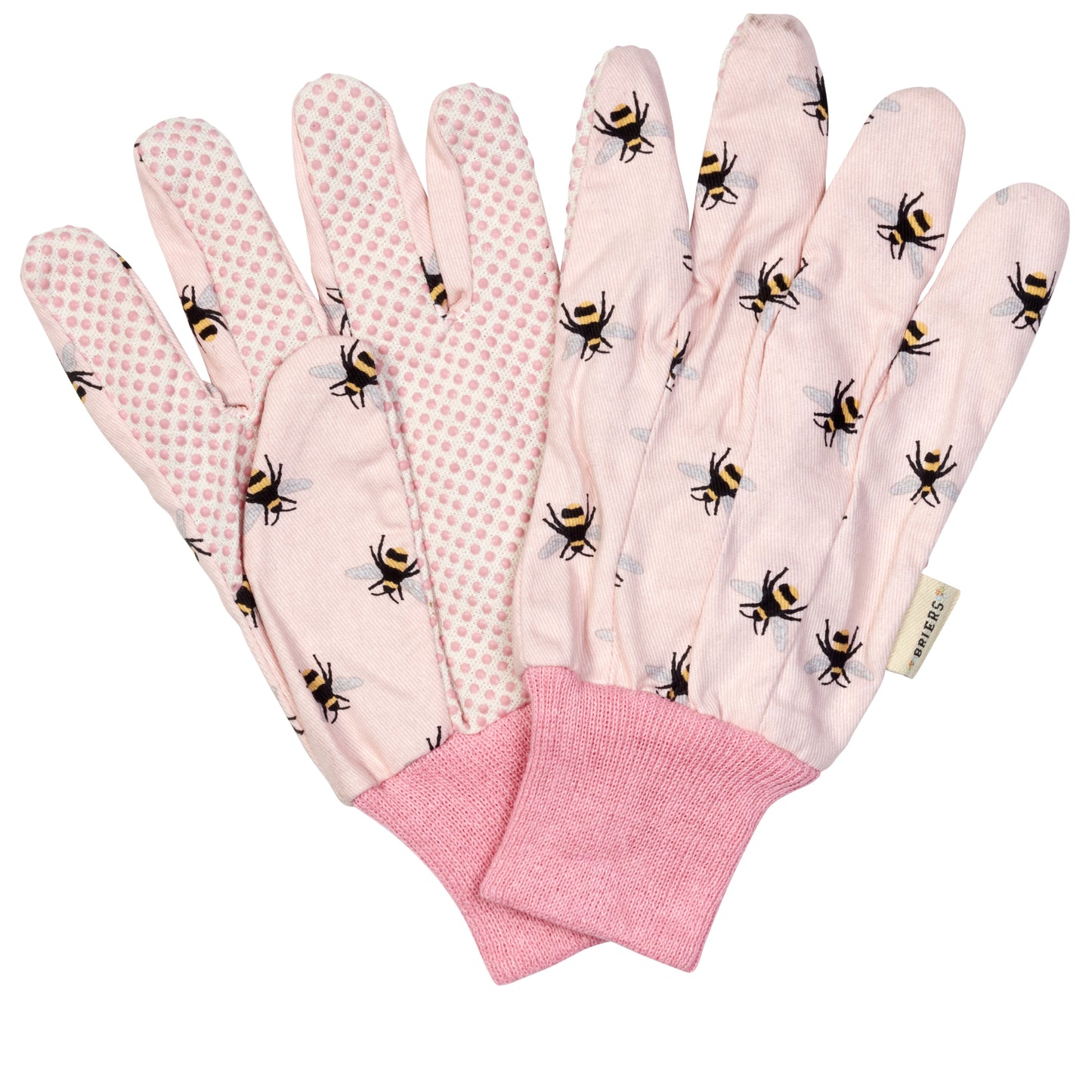 Pair of pink gardening gloves with bee pattern on a white background