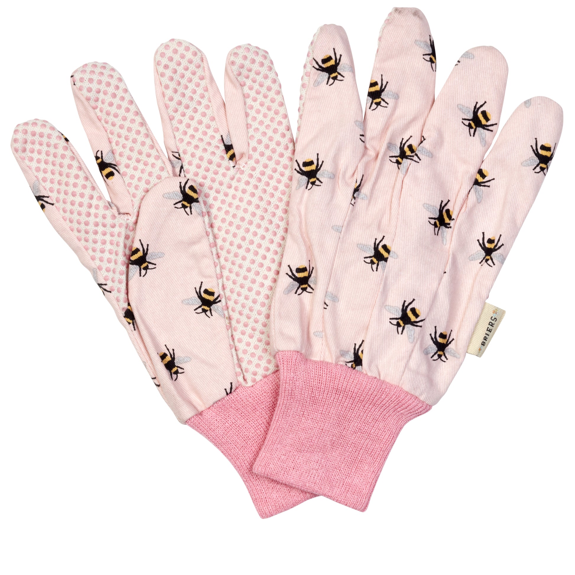 Pair of pink gardening gloves with bee pattern on a white background