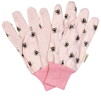 Pair of pink gardening gloves with bee pattern on a white background