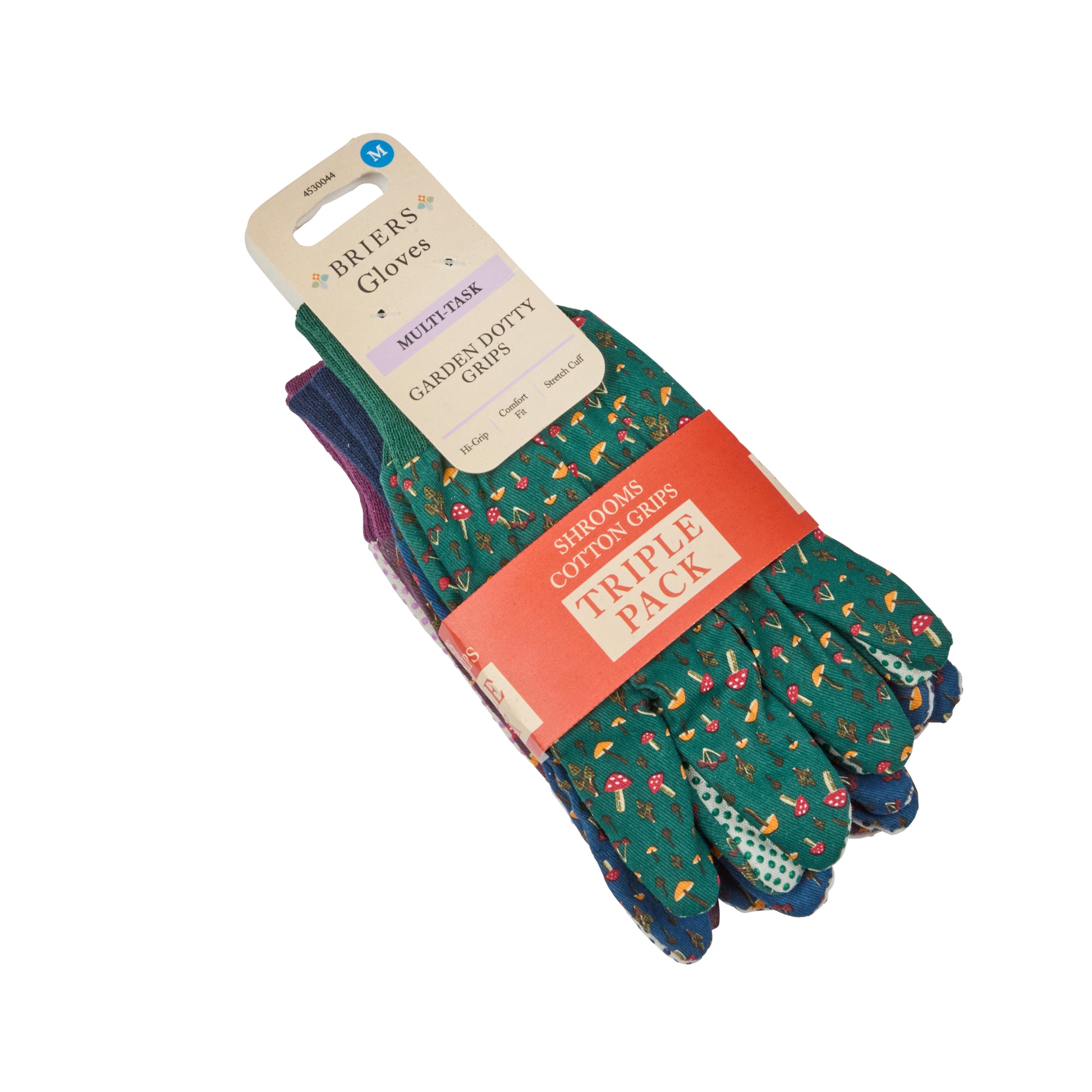 Pack of gardening gloves with a mushroom pattern on a white background