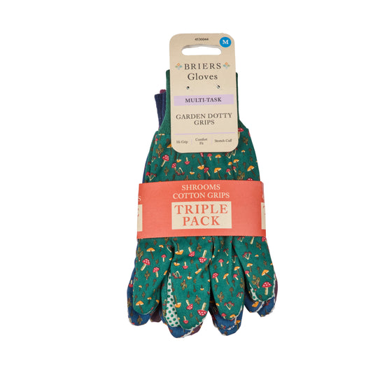 Pack of gardening gloves with mushroom pattern on a white background
