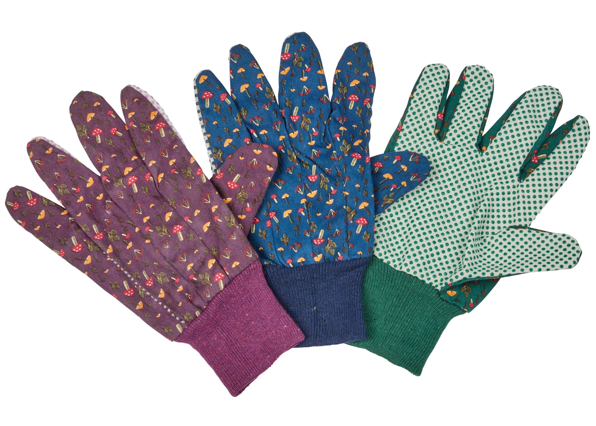 Set of three pairs of gardening gloves with different patterns on a white background
