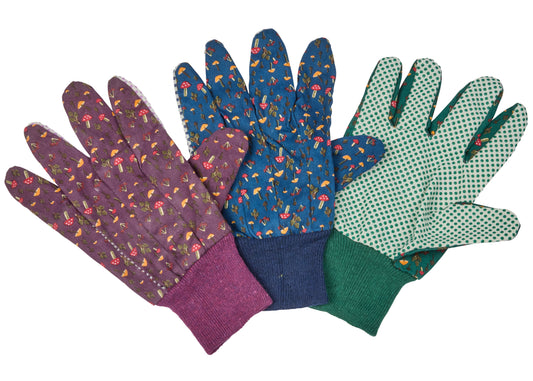 Set of three pairs of gardening gloves with different patterns on a white background