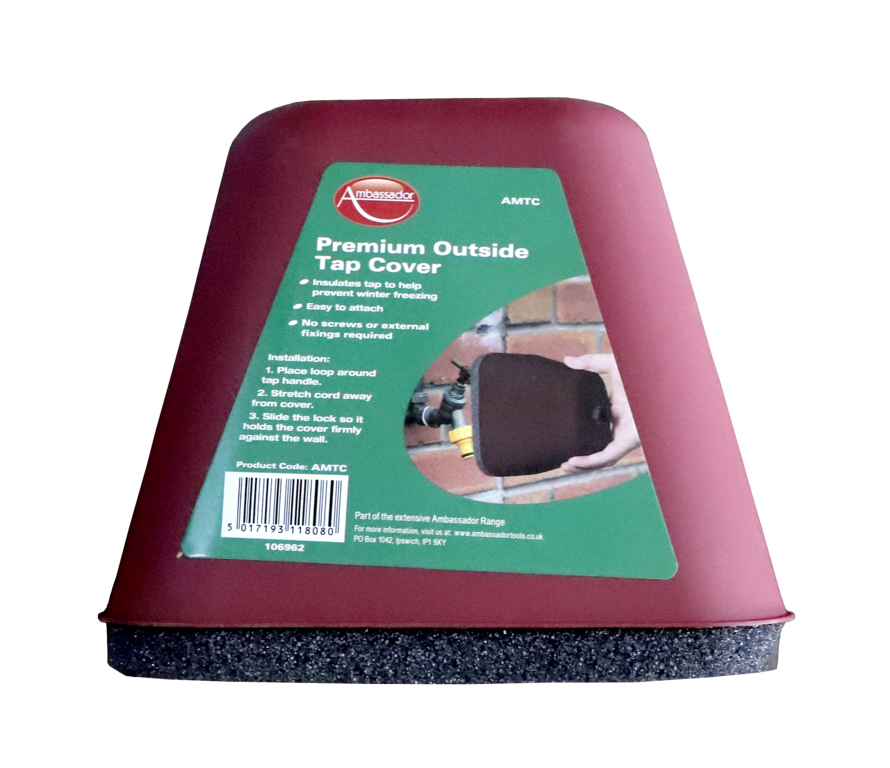 Maroon tap cover with green label on a white background