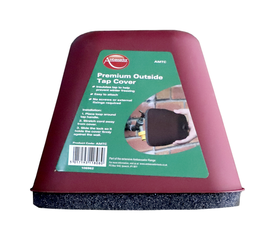 Maroon tap cover with green label on a white background
