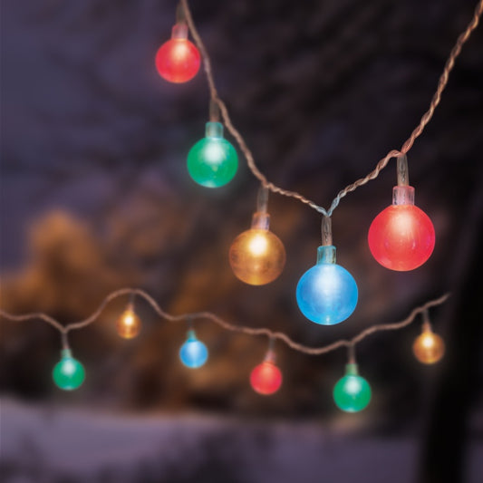 String of colorful lights against a blurred natural background