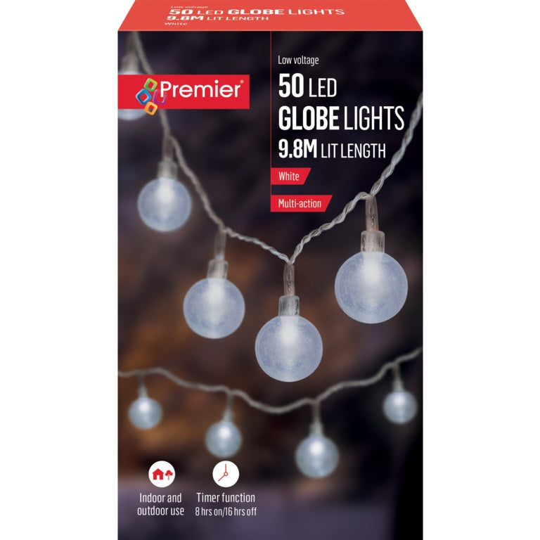 Box of Premier 50 LED globe lights with clear globe lights on a dark background